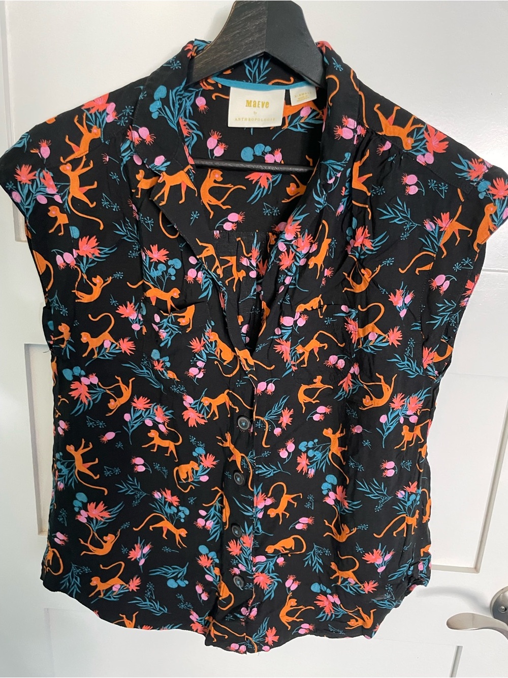 Maeve Black Floral & Monkey Print Button-Down Cap-Sleeve Top